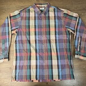 Damon Men's Multicolor Pastel Plaid Collared Button Down Long Sleeve Shirt, XL